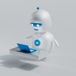 White AI robot with blue eyes working on a laptop, illustrating a comparison of AI chatbots